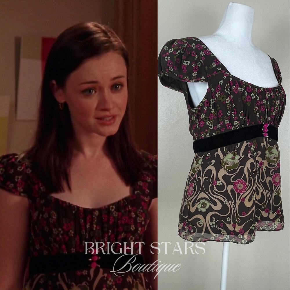 Rare Vintage Silk Floral Top ASO Rory Gilmore Girls Brown Pink Blouse Cap Sleeve - Picture 3 of 11